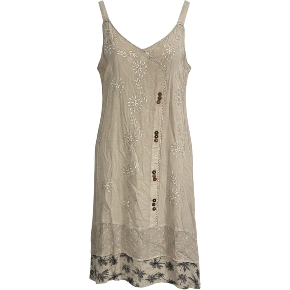 Taya Sun Embroidered Palm Tree Midi Dress Tan Cotton Blend Sleeveless 2X